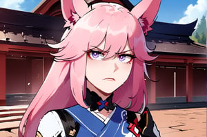 Yae Sakura Honkai Impact 3rd, female, solo, Nyantcha style, looking at pov, blue kimono, battle ready, serious face, temple, pink hair, fox ears