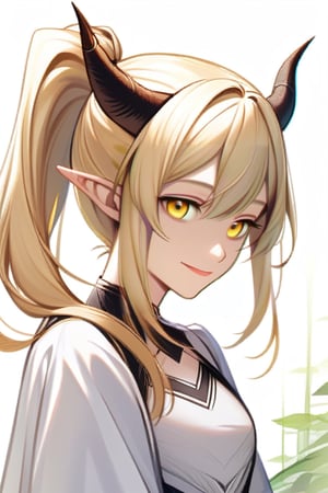 Adult, Girl, Blonde, Horns, peaceful smile, white dress, yellow eyes, elf, ponytail 