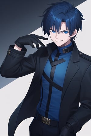 Male, short hair, dark blue hair, dark blue eyes, black jacket, smirk, young, black gloves