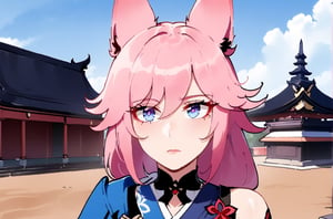 Yae Sakura Honkai Impact 3rd, female, solo, Nyantcha style, looking at pov, blue kimono, battle ready, thoughtful, temple, pink hair, fox ears