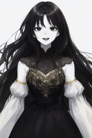 One Female, Young, Black hair, white skin, black eyes, joyous, black dress, long hair