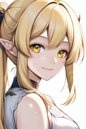 Adult, Girl, Blonde, Horns, peaceful smile, white dress, yellow eyes, elf, ponytail 