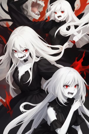 One Female, Young, white hair, white skin, red eyes, maniac laugh, angry, black dress, long hair,