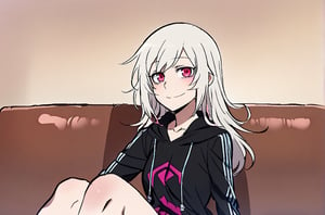 IA Vocaloid, Long hair, white hair, sincere smile, hoodie, Red eyes, seated on couch, female, solo, Ratatat74 style, looking at pov, romantic environment