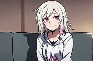 IA Vocaloid, Long hair, white hair, sincere smile, hoodie, Red eyes, seated on couch, female, solo, Ratatat74 style, looking at pov, romantic environment