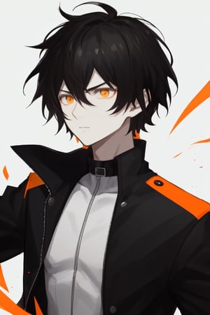 Male, short hair, black hair, white skin, Orange eyes, black jacket, Yellow strands on hair, serious face, young, black gloves