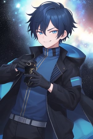 Male, short hair, dark blue hair, dark blue eyes, black jacket, smirk, young, black gloves, little galaxy in hand