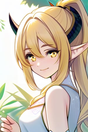 Girl, Blonde, Horns, peaceful smile, white dress, yellow eyes, elf, ponytail 