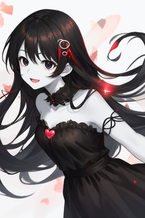 One Female, Young, Black hair, white skin, black eyes, joyous, black dress, long hair, red heart hairpin