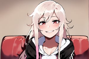 IA Vocaloid, Long hair, white hair, sincere smile, hoodie, Red eyes, seated on couch, female, solo, Nyantcha style, looking at pov