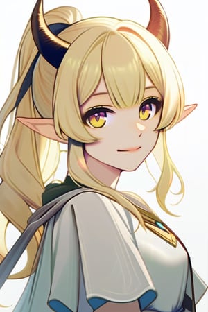 Girl, Blonde, Horns, peaceful smile, white dress, yellow eyes, elf, ponytail, looking at camera