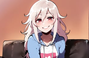 IA Vocaloid, Long hair, white hair, sincere smile, hoodie, Red eyes, seated on couch, female, solo, Nyantcha style, looking at pov