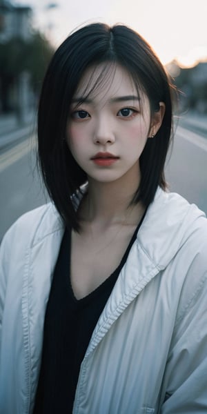 a young woman,looking at the camera,posing,ulzzang,naver fanpop,ffffound,streaming on twitch,character album cover,blues moment,style of Alessio Albi,daily wear,moody lighting,appropriate comparison of cold and warm,reality,