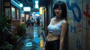 A cinematic photo capturing a striking young Asian woman in a neon-lit, rain-soaked urban alley. The image exudes a strong cyberpunk aesthetic with its moody, high-contrast lighting. The subject, with short black hair featuring subtle blue and red highlights, leans against a tiled wall covered in graffiti. She wears a white crop top with metallic accents, black low-rise pants, and a choker, embodying a futuristic street style. Rain glistens on her skin and the surrounding surfaces, creating a glossy, reflective atmosphere. The background is a blur of colorful city lights, suggesting a bustling nightlife. The photo is highly detailed, showcasing the texture of wet surfaces, the sheen of the woman's outfit, and the intricate patterns of light reflecting off puddles. The shallow depth of field keeps the focus on the subject while creating a dreamy, bokeh effect with the distant lights. The color grading emphasizes cool blues and teals contrasted with warm yellows and reds, enhancing the neo-noir ambiance. This image masterfully blends realism with a futuristic edge, capturing a moment of urban solitude amidst a vibrant, rain-drenched cityscape. (1girl, 18 years old, asian)