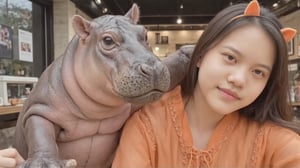 Chinese woman, 18 years old, wearing glasses, wearing an orange cat ear headband,
wearing a orange see-through chiffon robe, with lace details and sabin ribbon ties,
Posing to hug a baby hippo, in a coffee shop, white tone, minimalist.,moodeng hippo, key light, rim light,soft focus