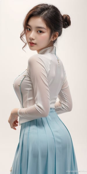 1girl, half body portrait, (age 13-16:1.4), gorgeous, (dynamic pose:0.8),studio lighting, white background, ((vietnamese teen top model)), bang, curly long hair, buns, heterochromia, white shirt, dark blue pleated  skirt, ((ao dai)),downblouse
