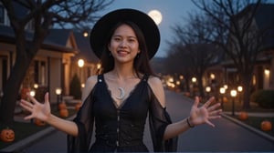 Generate a high-definition image of an 18-year-old Asian woman in a Halloween setting, viewed from a first-person perspective in a beautiful nighttime scene. She is dressed in a sleek, dark-themed Halloween costume—a fitted witch's outfit with flowing, sheer fabric and silver accents. Her hair is styled in loose waves, with a wide-brimmed black hat perched atop her head, adorned with small glowing ornaments. Her makeup is bold, with dark eyeshadow, dramatic eyeliner, and dark lipstick, complemented by a crescent moon necklace and a pair of intricate silver earrings shaped like stars.

The background is a moonlit street lined with glowing jack-o'-lanterns, flickering lanterns, and trees with twisted branches. The sky is dotted with stars, and the shadows cast by the dim lighting create a mystical and inviting atmosphere. She is smiling and playfully reaching out, inviting interaction. Focus on the details of her costume, the play of moonlight on her face, and the rich textures of the nighttime Halloween setting. The composition should fit a 1920x1080 aspect ratio, capturing the beauty and enchantment of the scene.