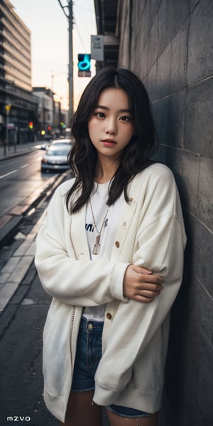 a young woman,looking at the camera,posing,ulzzang,naver fanpop,ffffound,streaming on twitch,character album cover,blues moment,style of Alessio Albi,daily wear,moody lighting,appropriate comparison of cold and warm,reality,
