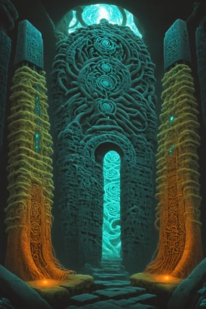 Quetzalcoatl, chiseled stone, amoeba, flowing water, cosmic serpent, black iron key, phallus, vagina, monolith, alchemy, twisting vines, DNA helix, binary code, talisman, galaxy, glowing archway, veil, flute, scarab, loom, thick graffiti outlines, bioluminescence, escher, ram's horns,nocturne