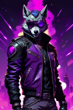 Vaporwave color palette, "20XX" Smash bros poster of wolf o'donnel wearing an eyepatch (anthropomorphic grey wolf wearing a black leather patch over one eye, studded black and purple leather jacket, black and purple leather jacket with high collar, armored boots, metal claws, glowing purple energy reflector ) firing his blaster, anime style, dynamic pose, flat color, gritty anime style, high-tech lowlife ,shadowrun_character,cyberpunk,vaporwave aesthetic, background of airing jets flying through an alien galaxy