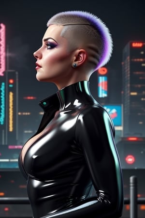 gorgeous hairy cyberpunk bbw wearing tight black latex, cleavage, in public, buzzcut, from side, realistic,