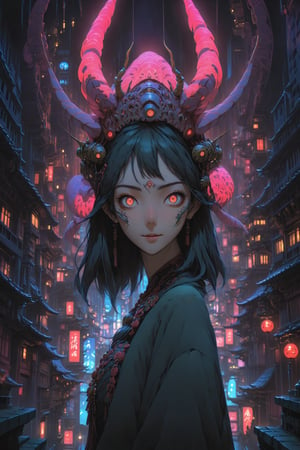 Pretending you're pretending,cyberpunk,4K UHD,studio ghibli style,oni,nocturne, symmetrical composition,facing viewer