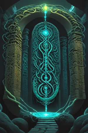 Quetzalcoatl, chiseled stone, flowing water, cosmic serpent, black iron key, phallus, vagina, monolith, alchemy, twisting vines, DNA helix, binary code, galaxy, glowing archway, veil, flute, scarab, ovum, thick graffiti outlines, bioluminescence, escher, ram's horns,nocturne