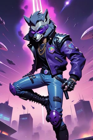 Vaporwave color palette, "20XX" Smash bros poster of wolf o'donnel wearing an eyepatch (anthropomorphic grey wolf wearing a black leather patch over one eye, studded black and purple leather jacket, black and purple leather jacket with high collar, armored boots, metal claws, glowing purple energy reflector ) firing his blaster, anime style, dynamic pose, flat color, gritty anime style, high-tech lowlife ,shadowrun_character,cyberpunk,vaporwave aesthetic, background of airing jets flying through an alien galaxy,niji style