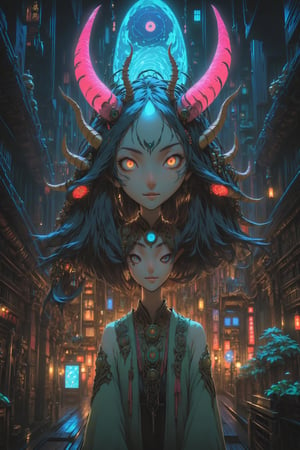 Pretending you're pretending,cyberpunk,4K UHD,studio ghibli style,oni,nocturne, symmetrical composition,facing viewer