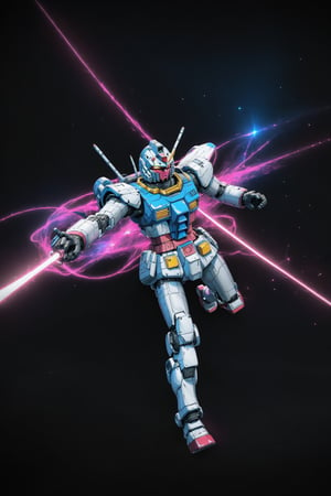 Hyper realistic, closeup, Gundam flying through space, realistic matte and glossy metal textures, background of black swirling night's sky with stars planets and galaxies, beam.sword, shield,vaporwave aesthetic,purple cyan magenta,digital artwork by Beksinski