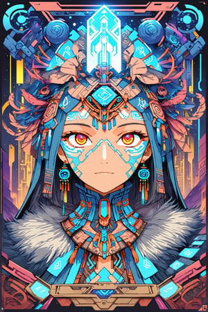 Churnstyle,cyberpunk,tarot card,4K UHD,studio ghibli style,neo-aztec,high-tech lowlife, ,nocturne,breakdomain,portraitart,portrait art style