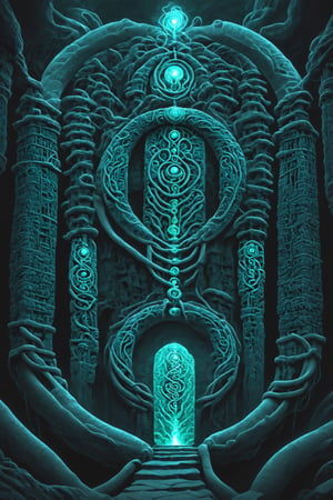 Quetzalcoatl, chiseled stone, flowing water, cosmic serpent, black iron key, phallus, vagina, monolith, alchemy, twisting vines, DNA helix, binary code, galaxy, glowing archway, veil, flute, scarab, ovum, thick graffiti outlines, bioluminescence, escher, ram's horns,nocturne