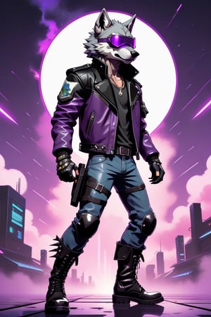 Vaporwave color palette, "20XX" Smash bros poster of wolf o'donnel wearing an eyepatch (anthropomorphic grey wolf wearing a black leather patch over one eye, studded black and purple leather jacket, black and purple leather jacket with high collar, armored boots, metal claws, glowing purple energy reflector ) firing his blaster, anime style, dynamic pose, flat color, gritty anime style, high-tech lowlife ,shadowrun_character,cyberpunk,vaporwave aesthetic, background of airing jets flying through an alien galaxy,niji style