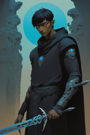 shadowrun_character, netrunner,masculine,high-tech lowlife, more detail XL, detailed character closeup,Marth from Smash Bros holding a thin thorn-like rapier vertically,digital artwork by Beksinski,symmetrical composition,facing viewer,solo