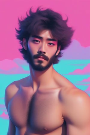 masculine, hairy, flat_chest,eyes shoot, vaporwave color palette