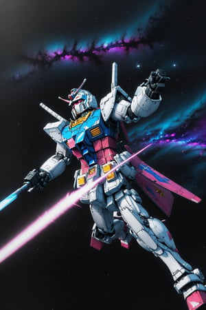 Hyper realistic, closeup, Gundam flying through space, realistic matte and glossy metal textures, background of black swirling night's sky with stars planets and galaxies, beam.sword, shield,vaporwave aesthetic,purple cyan magenta,digital artwork by Beksinski, 