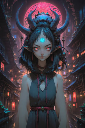 Pretending you're pretending,cyberpunk,4K UHD,studio ghibli style,oni,nocturne, symmetrical composition,facing viewer