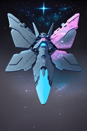 Gundam.Vidar, moth, gray purple cyan magenta, black starry sky background 