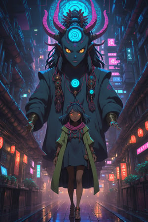 Pretending you're pretending,cyberpunk,4K UHD,studio ghibli style,oni,neo-aztec,nocturne