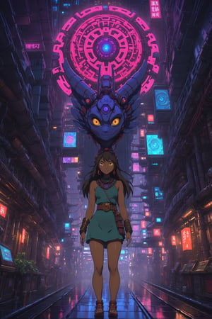 Pretending you're pretending,cyberpunk,4K UHD,studio ghibli style,oni,neo-aztec,nocturne