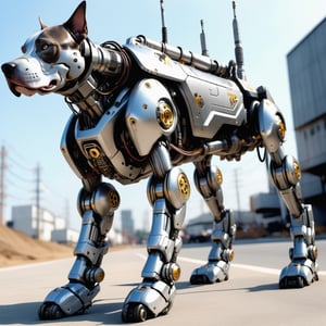 a close up of a dog with a machine on it's back, cyborg dog, medical mecha canine, cyborg - pitbull, good boy giant mecha wolf hound, industrial mechanical robot dogs, robot dog, robot animal, vorestation borg hound, a robot dog, destroyed robot dogs remains, mecha hound, mecha animal, full borg hyper detailed