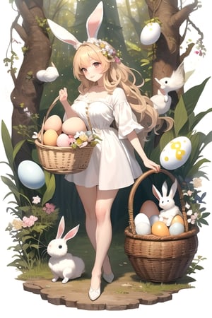 masterpiece, best quality, huge egg, painted with a cute bunny  holding a basket with eggs, Firefly, fantasy forest 