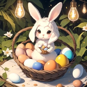 masterpiece, best quality, cute bunny painted on an egg, holding a basket with eggs, Firefly, fantasy forest 