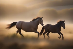 imagine a beautiful farm with wild horses running free in the field, using natural light to highlight weathered textures