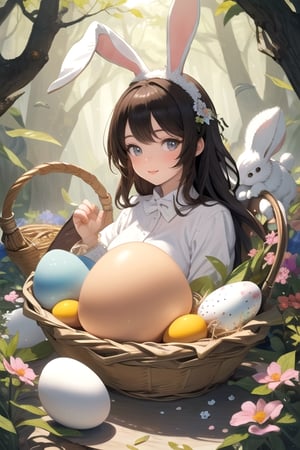 masterpiece, best quality, huge egg, painted with a cute bunny  holding a basket with eggs, Firefly, fantasy forest 