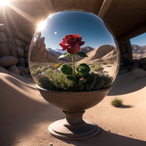 (masterpiece), best quality, a red rose in the desert, on a flower pot,Lens Flares, Multiple exposure