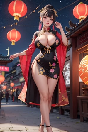 (masterpiece), best quality, expressive eyes, perfect face A solo girl,wearing a beautiful pink bubblegum Qipoo dress with golden and black floral print on it, standing in a chinese festival area, chinese lanterns, luminated signboards,looking at viewer, cute face, plump lips, wide shot, wearing chinese style foitwear, fit dress, big boobs, perfect body, perfect hips, dress open from top, silhouette in dress high collors, stars in sky, crescent moon, moonlight, high-res, absuredres, 8k UHD
