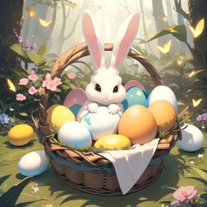 masterpiece, best quality, huge egg, painted with a cute bunny  holding a basket with eggs, Firefly, fantasy forest 