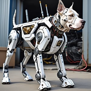 a close up of a dog with a machine on it's back, cyborg dog, medical mecha canine, cyborg - pitbull, good boy giant mecha wolf hound, industrial mechanical robot dogs, robot dog, robot animal, vorestation borg hound, a robot dog, destroyed robot dogs remains, mecha hound, mecha animal, full borg hyper detailed