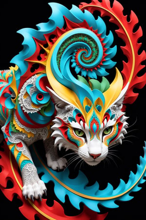 Official Art, Unity 8K Wallpaper, Super Detailed, Beautiful and Aesthetic, Masterpiece, Top Quality, (Zentangle, Mandala, Tangle, Tangle), (Fractal Art: 1.3), One big cat, Highly Detailed, Dynamic Angle, cowboy shot, the most beautiful form chaos, elegant, brutalist design, bright colors, red, cyan, yellow, green, romanticism